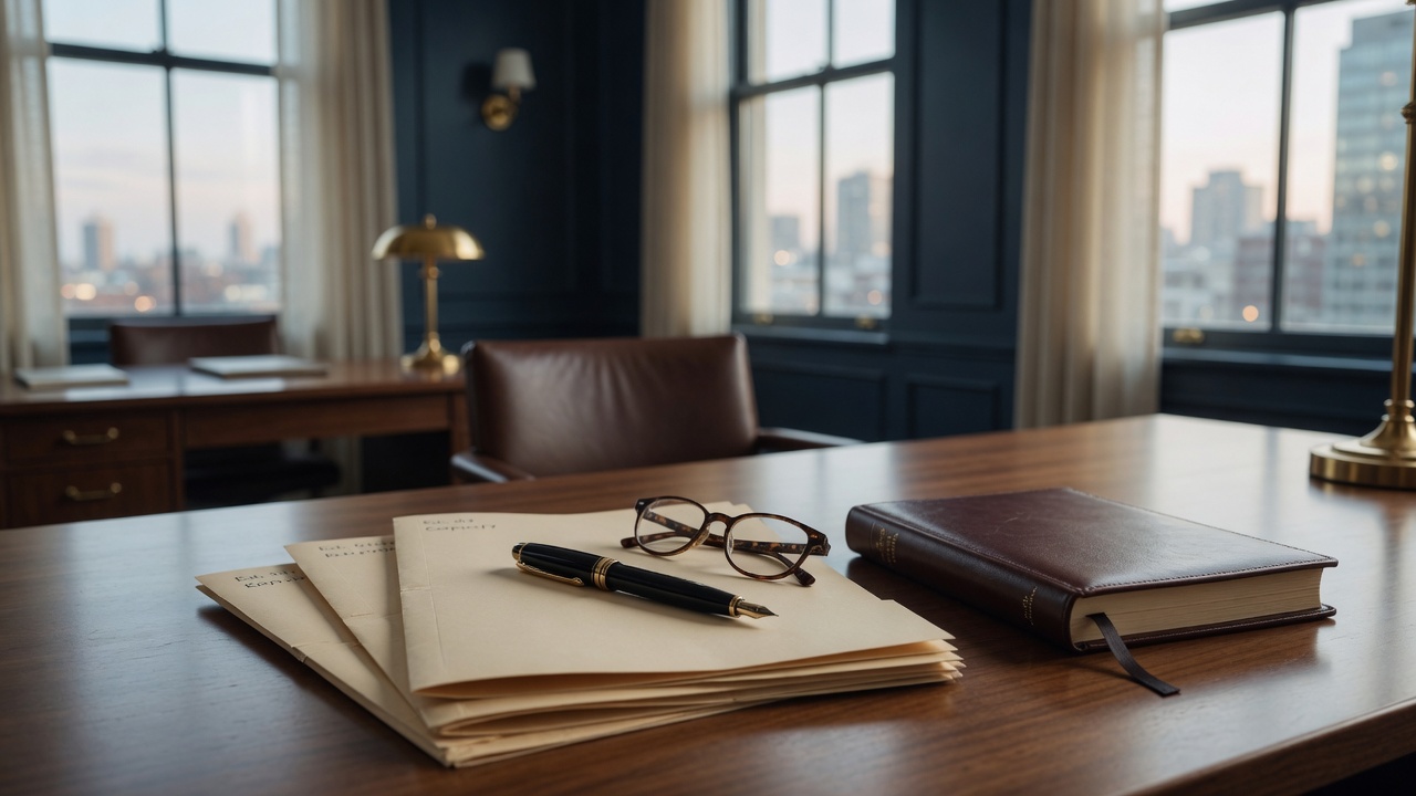 Quiet private office prepared for a confidential tax relief consultation with client files, a fountain pen, and a city view