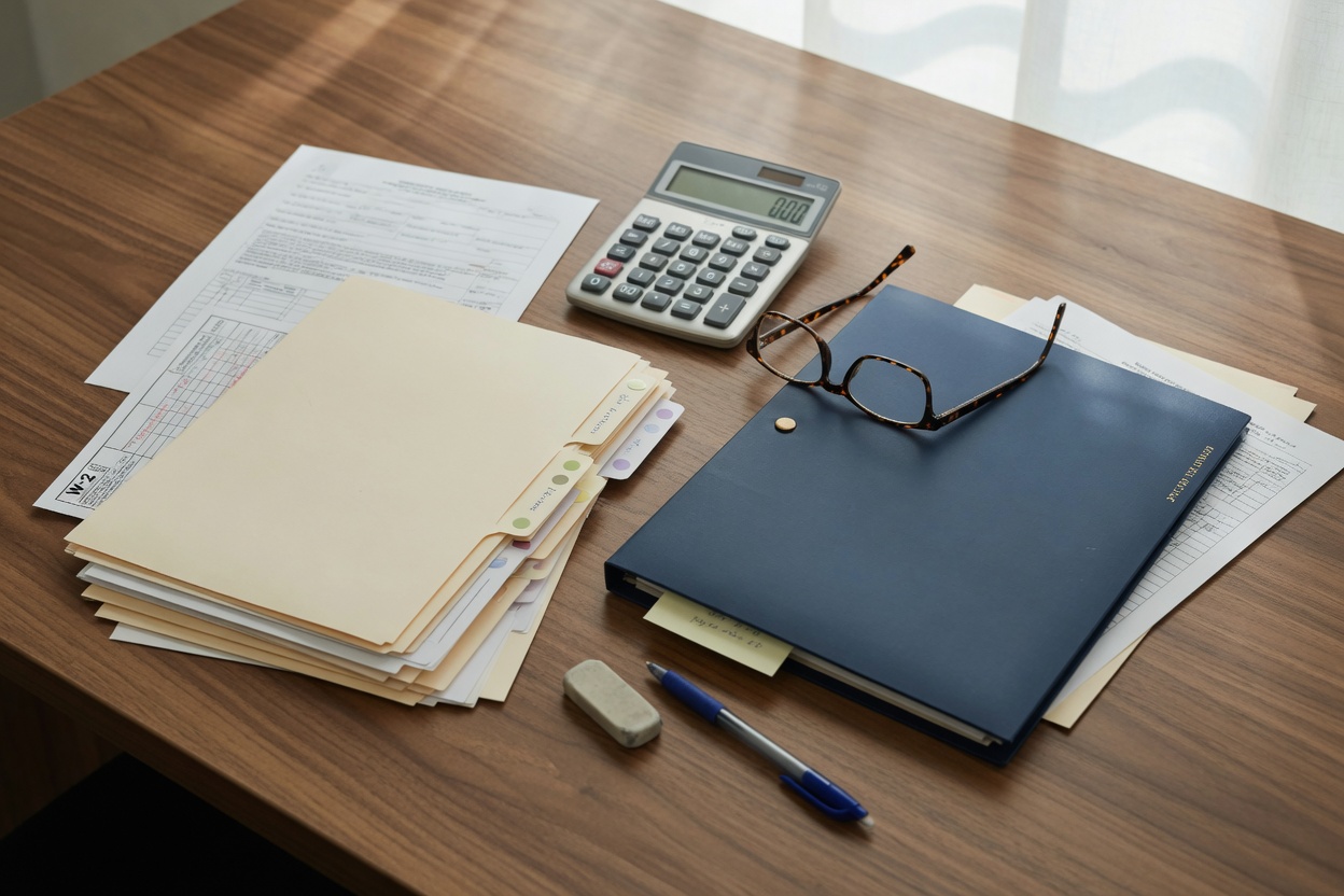 Organized tax files, calculator, and navy folder on a desk during an IRS tax relief review